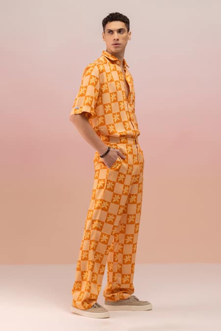 Buy_Therealb_Peach Viscose Crepe Print Checkered Bloom Shirt And Pant Set _Online_at_Aza_Fashions