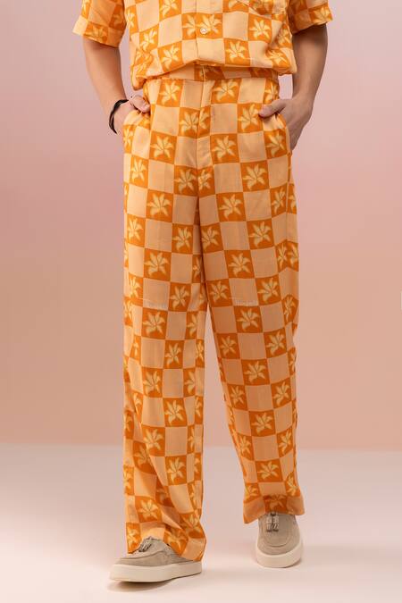 Shop_Therealb_Peach Viscose Crepe Print Checkered Bloom Shirt And Pant Set _Online_at_Aza_Fashions