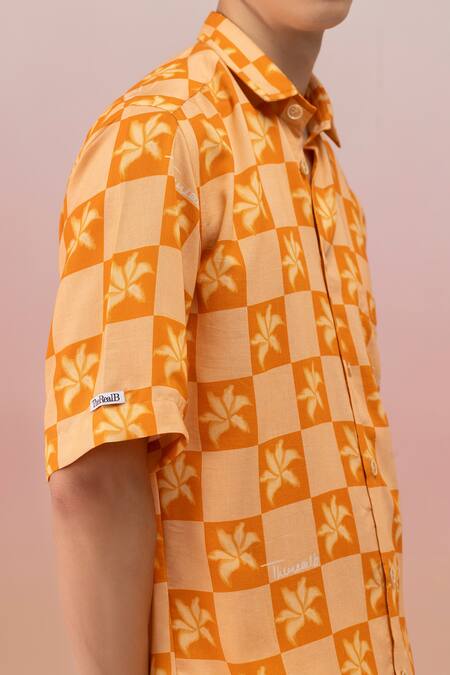 Buy_Therealb_Peach Viscose Crepe Print Checkered Flora Shirt And Shorts Set _Online_at_Aza_Fashions