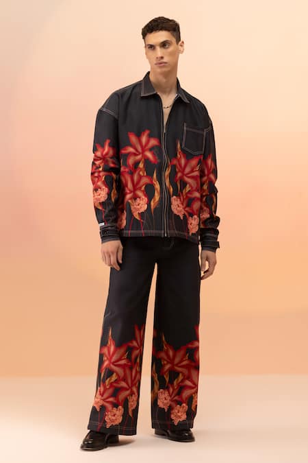 Therealb_Black 100% Cotton Denim Print Blossom Rage Jacket _Online_at_Aza_Fashions