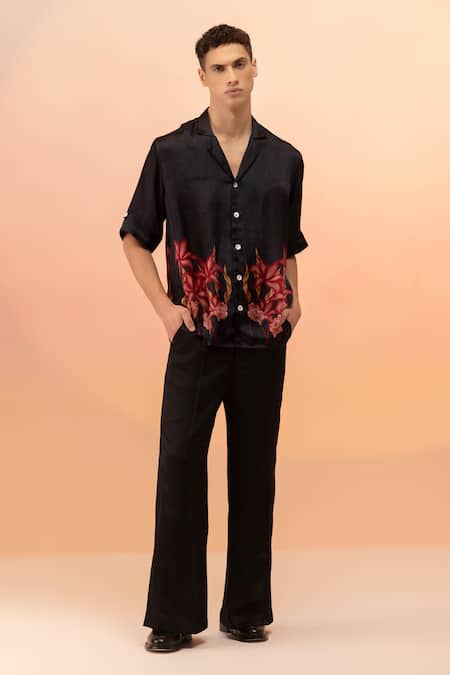 Therealb Black Viscose Embroidery Bloom Rage Print Elbow Sleeve Shirt Online at Aza Fashions Therealb_Black Viscose Embroidery Bloom Rage Print Elbow Sleeve Shirt _Online_at_Aza_Fashions