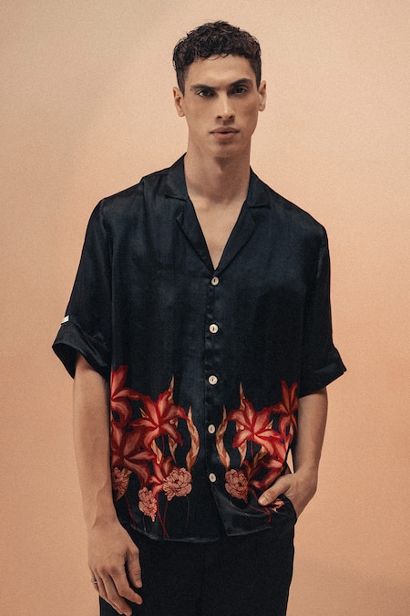 Buy Therealb Black Viscose Embroidery Bloom Rage Print Elbow Sleeve Shirt Online at Aza Fashions Buy_Therealb_Black Viscose Embroidery Bloom Rage Print Elbow Sleeve Shirt _Online_at_Aza_Fashions