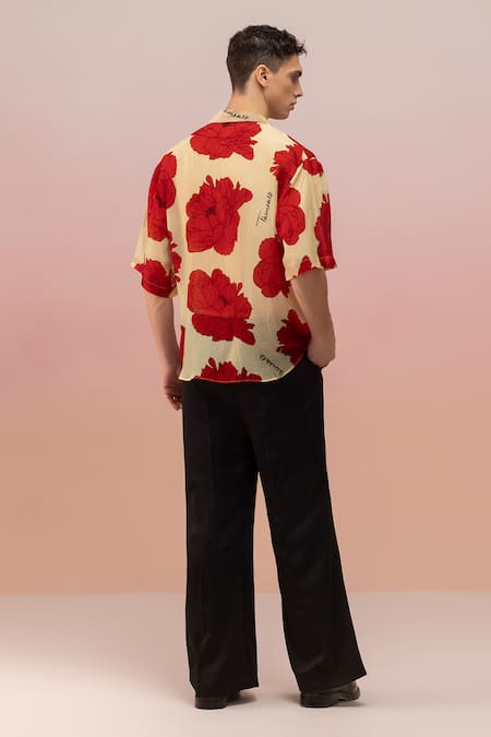 Shop_Therealb_Yellow Viscose Organza Print Blossom Butter And Red Shirt _at_Aza_Fashions