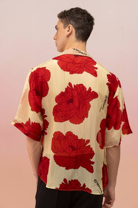 Therealb_Yellow Viscose Organza Print Blossom Butter And Red Shirt _Online_at_Aza_Fashions