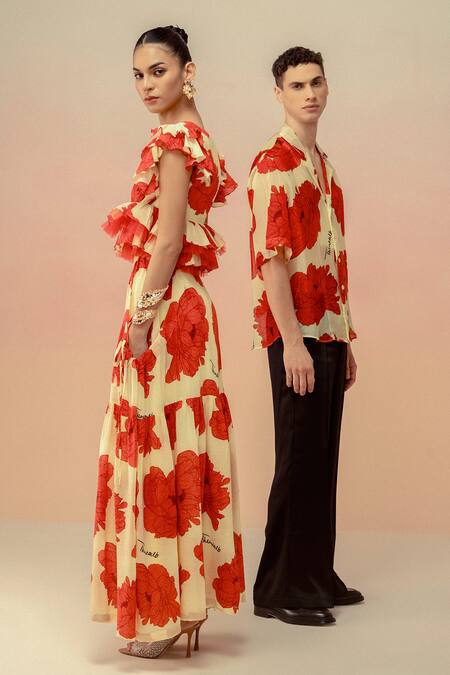 Buy_Therealb_Yellow Viscose Organza Print Blossom Butter And Red Shirt _Online_at_Aza_Fashions