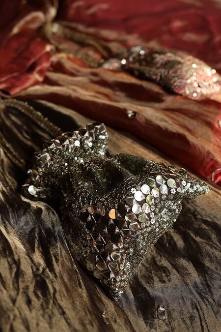 Begum_Brown Embroidery, Sequins Bronze Floral Potli Bag _Online_at_Aza_Fashions