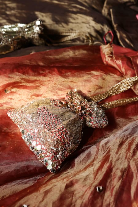 Shop_Begum_Peach Sequins, Embroidery, Fabric Flowers Hand Potli Bag _at_Aza_Fashions