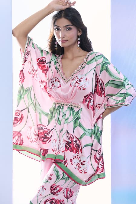 Pria Kataria Puri_Pink Satin Printed Tulip Wavy V-neck Embellished Tunic _at_Aza_Fashions