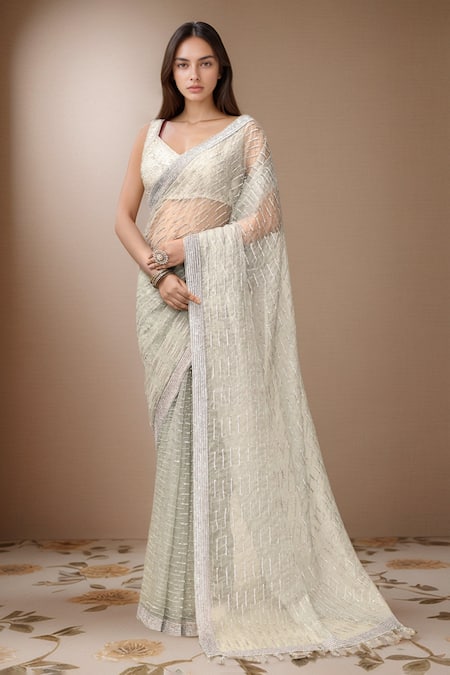 Kalighata Stripe Embroidered Saree With Blouse 