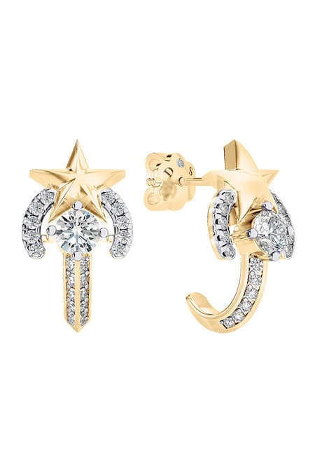 Divine Solitaires 18kt Yellow Gold Diamond Star Half Hoop Earrings 