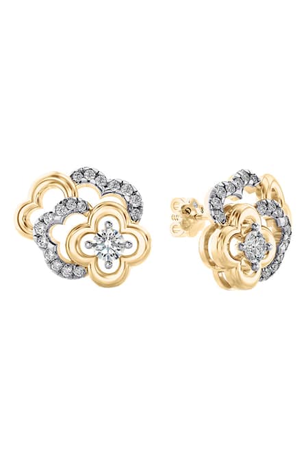 Divine Solitaires 18kt Yellow Gold Floral Cluster Diamond Earrings 