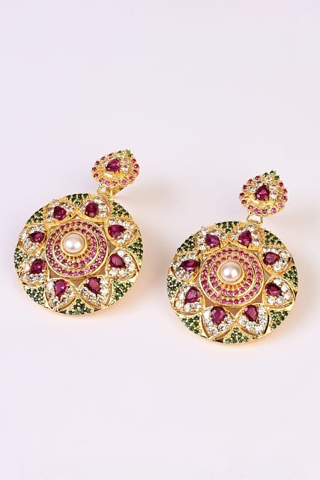 Totapari Gold Plated Stones Floral Embellished Drop Earrings Online at Aza Fashions Totapari_Gold Plated Stones Floral Embellished Drop Earrings _Online_at_Aza_Fashions