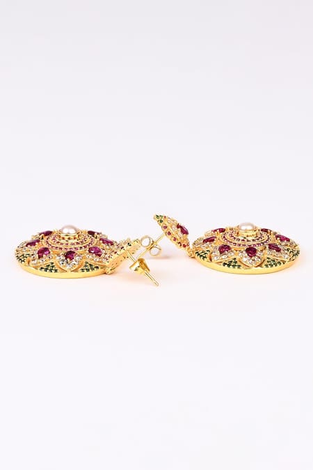 Shop Totapari Gold Plated Stones Floral Embellished Drop Earrings Online at Aza Fashions Shop_Totapari_Gold Plated Stones Floral Embellished Drop Earrings _Online_at_Aza_Fashions