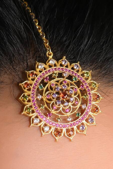 Totapari_Gold Plated Floral Stone Maangtikka _Online_at_Aza_Fashions
