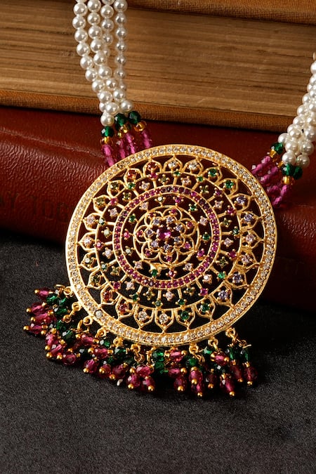 Shop_Totapari_Gold Plated Multicolor Stone Pearl Long Necklace _Online_at_Aza_Fashions