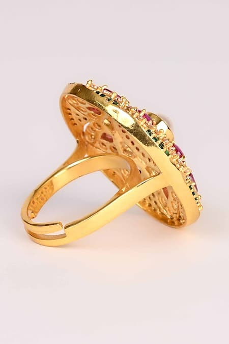 Totapari_Gold Plated Pearls, Stones Multicolour Ring _Online_at_Aza_Fashions
