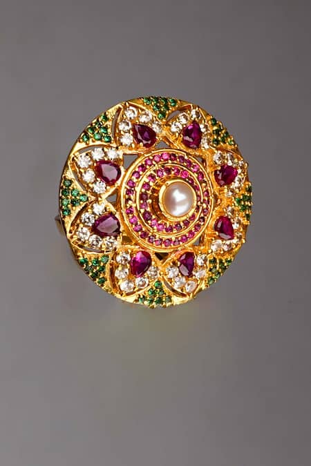 Buy_Totapari_Gold Plated Pearls, Stones Multicolour Ring _Online_at_Aza_Fashions