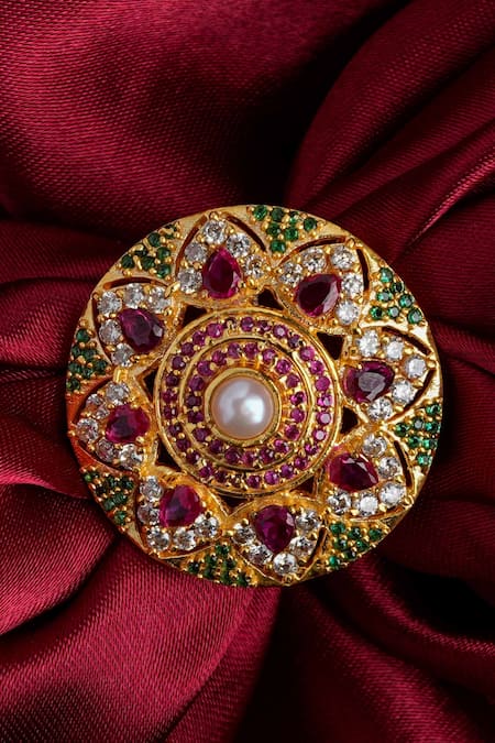 Shop_Totapari_Gold Plated Pearls, Stones Multicolour Ring _Online_at_Aza_Fashions