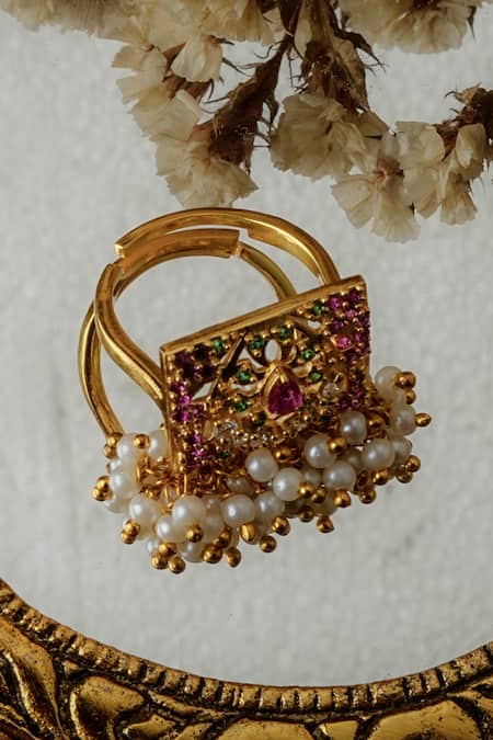 Totapari Gold Stone Embellished Adjustable Ring 