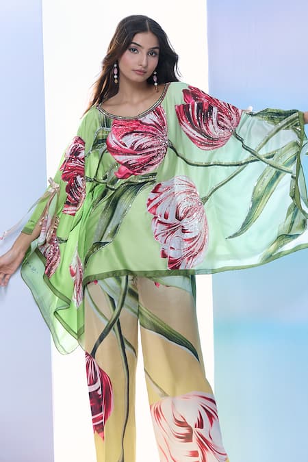 Buy_Pria Kataria Puri_Green Satin Print Tulip Blossom Scoop Neck Shaded Tunic _Online_at_Aza_Fashions