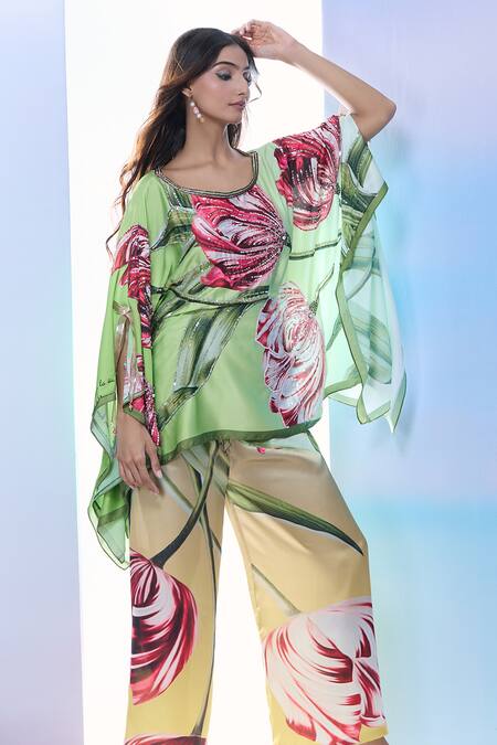 Shop_Pria Kataria Puri_Green Satin Print Tulip Blossom Scoop Neck Shaded Tunic _Online_at_Aza_Fashions