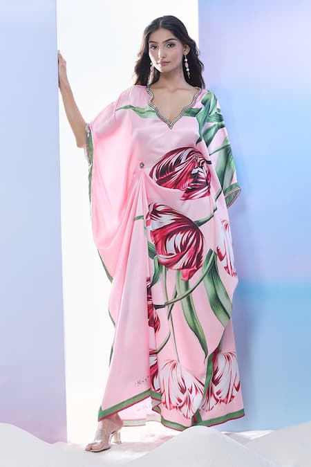 Pria Kataria Puri Satin Tulip Blossom Print Kaftan 