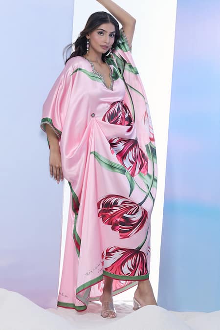 Pria Kataria Puri Satin Tulip Blossom Print Kaftan 