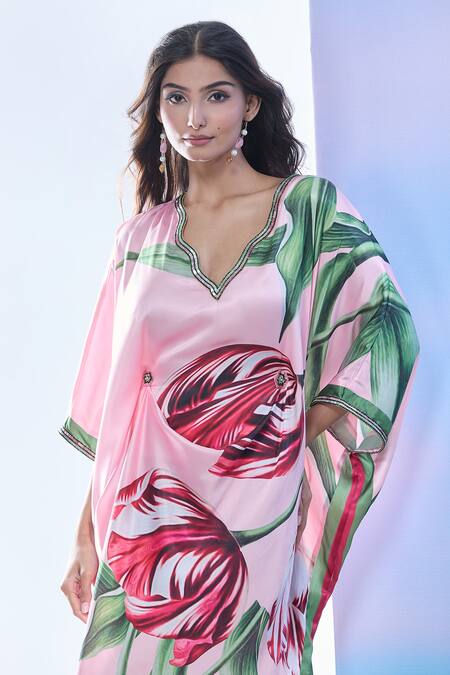 Shop_Pria Kataria Puri_Pink Satin Print Tulip Blossom Wavy Neck Kaftan _Online_at_Aza_Fashions