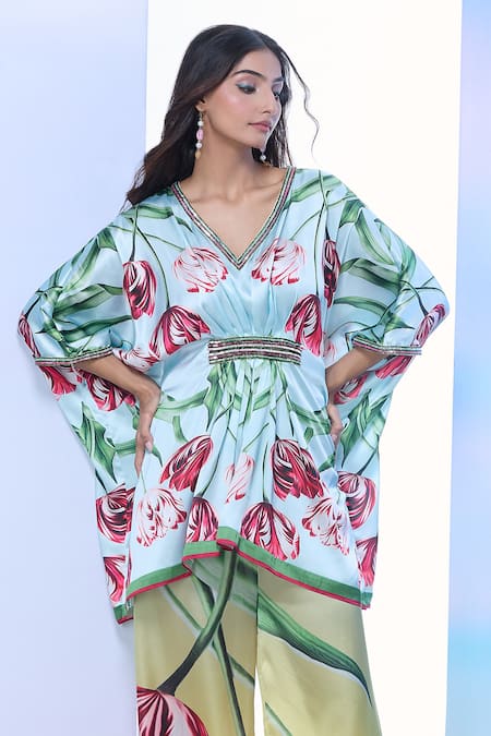 Pria Kataria Puri_Aqua Satin Printed Tulip V-neck Sequined Tunic _Online_at_Aza_Fashions