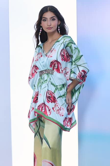 Pria Kataria Puri_Aqua Satin Printed Tulip V-neck Sequined Tunic _at_Aza_Fashions