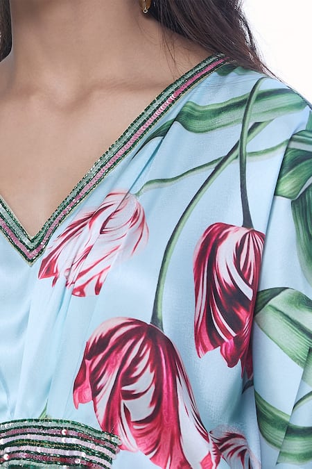 Shop_Pria Kataria Puri_Aqua Satin Printed Tulip V-neck Sequined Tunic 