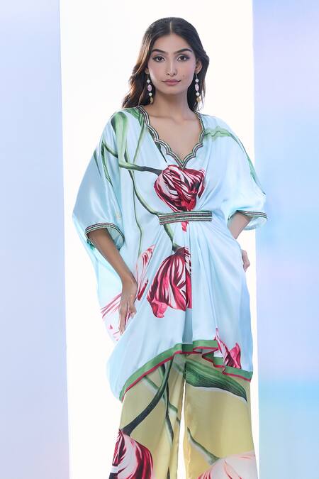 Buy_Pria Kataria Puri_Aqua Satin Printed Tulip Scallop V-neck Sequined Tunic _Online_at_Aza_Fashions