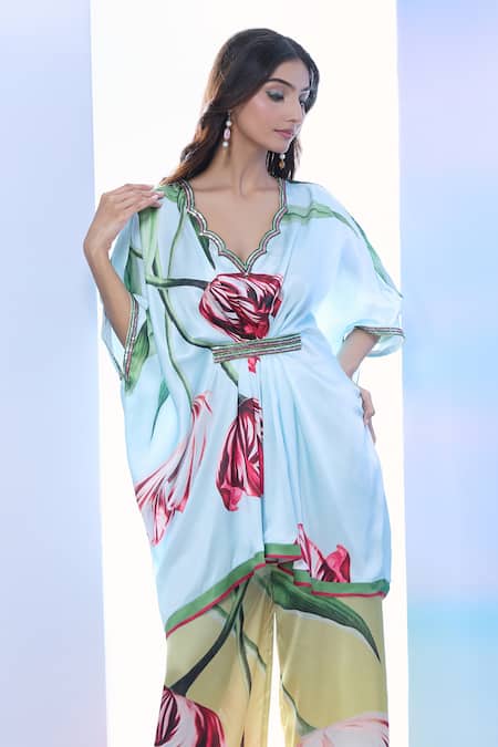 Shop_Pria Kataria Puri_Aqua Satin Printed Tulip Scallop V-neck Sequined Tunic _Online_at_Aza_Fashions