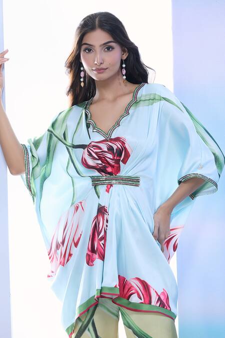Pria Kataria Puri_Aqua Satin Printed Tulip Scallop V-neck Sequined Tunic _at_Aza_Fashions