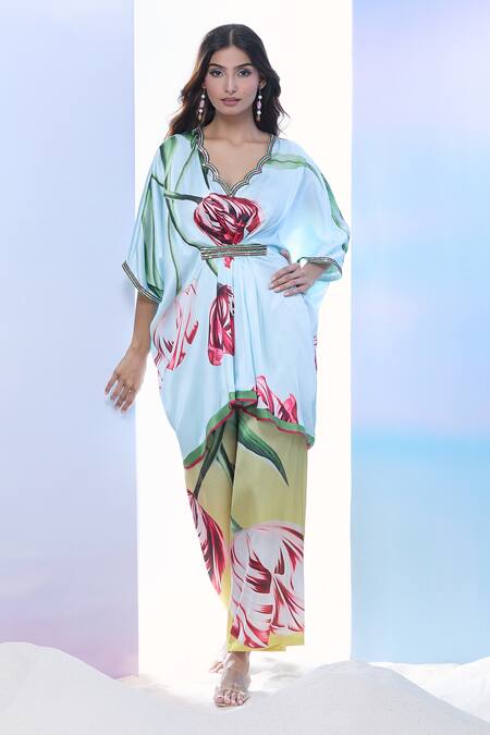 Shop_Pria Kataria Puri_Aqua Satin Printed Tulip Scallop V-neck Sequined Tunic 