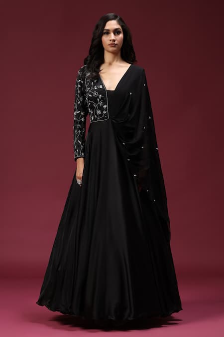 Two Sisters By Gyans Black Georgette Crystals V-neck Floral Embroidered Draped Gown Online at Aza Fashions Two Sisters By Gyans_Black Georgette Crystals V-neck Floral Embroidered Draped Gown _Online_at_Aza_Fashions