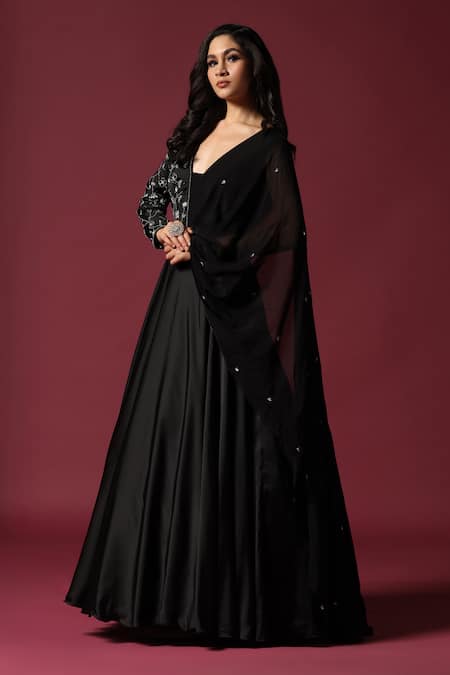 Buy Two Sisters By Gyans Black Georgette Crystals V-neck Floral Embroidered Draped Gown Online at Aza Fashions Buy_Two Sisters By Gyans_Black Georgette Crystals V-neck Floral Embroidered Draped Gown _Online_at_Aza_Fashions