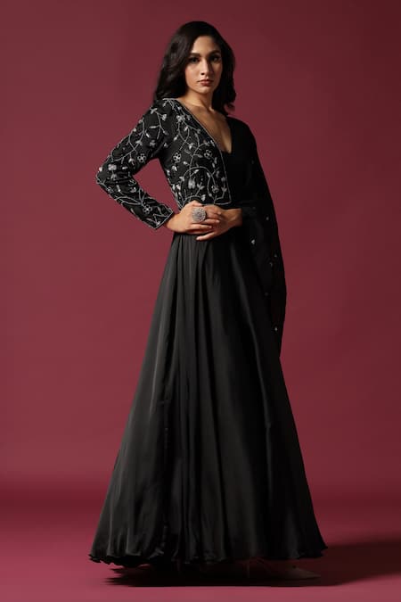 Shop Two Sisters By Gyans Black Georgette Crystals V-neck Floral Embroidered Draped Gown Online at Aza Fashions Shop_Two Sisters By Gyans_Black Georgette Crystals V-neck Floral Embroidered Draped Gown _Online_at_Aza_Fashions