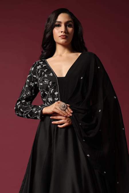 Two Sisters By Gyans Black Georgette Crystals V-neck Floral Embroidered Draped Gown at Aza Fashions Two Sisters By Gyans_Black Georgette Crystals V-neck Floral Embroidered Draped Gown _at_Aza_Fashions