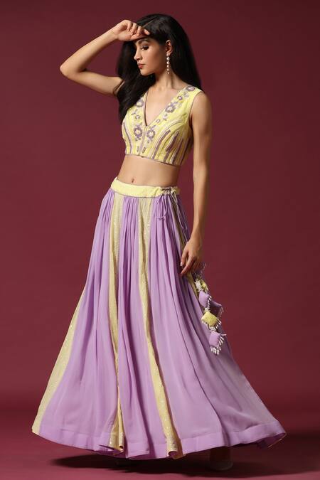 Two Sisters By Gyans_Yellow Georgette Pearls, Crystals, Embroidery Lilac And Lime Panelled Lehenga Set _Online_at_Aza_Fashions