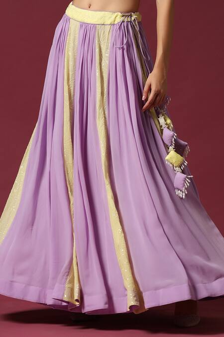 Buy_Two Sisters By Gyans_Yellow Georgette Pearls, Crystals, Embroidery Lilac And Lime Panelled Lehenga Set _Online_at_Aza_Fashions
