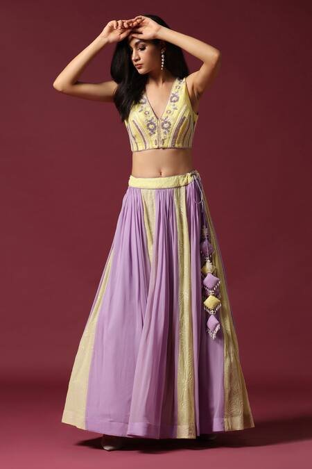 Shop_Two Sisters By Gyans_Yellow Georgette Pearls, Crystals, Embroidery Lilac And Lime Panelled Lehenga Set _Online_at_Aza_Fashions