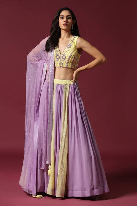Two Sisters By Gyans_Yellow Georgette Pearls, Crystals, Embroidery Lilac And Lime Panelled Lehenga Set _at_Aza_Fashions