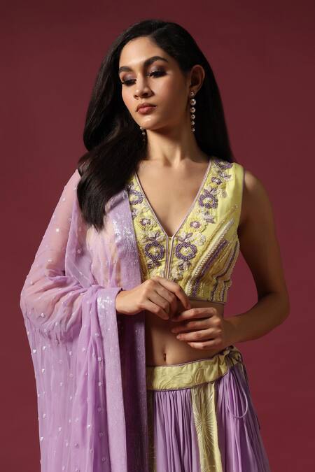 Buy_Two Sisters By Gyans_Yellow Georgette Pearls, Crystals, Embroidery Lilac And Lime Panelled Lehenga Set 