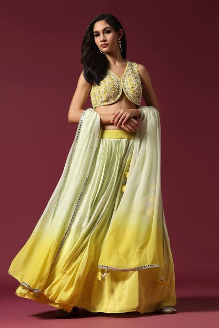 Two Sisters By Gyans_Yellow Crepe, Silk Sequins, Pearls, Cut Work Ombre Embroidered Lehenga Set _Online_at_Aza_Fashions