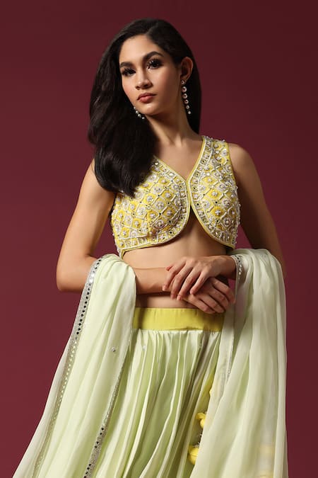 Buy_Two Sisters By Gyans_Yellow Crepe, Silk Sequins, Pearls, Cut Work Ombre Embroidered Lehenga Set _Online_at_Aza_Fashions