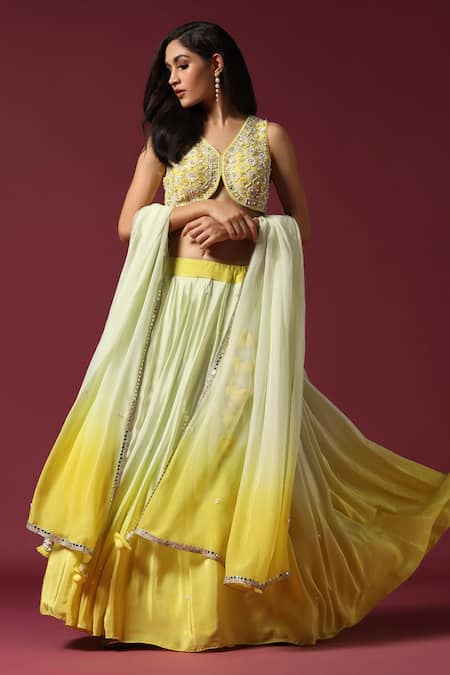 Shop_Two Sisters By Gyans_Yellow Crepe, Silk Sequins, Pearls, Cut Work Ombre Embroidered Lehenga Set _Online_at_Aza_Fashions