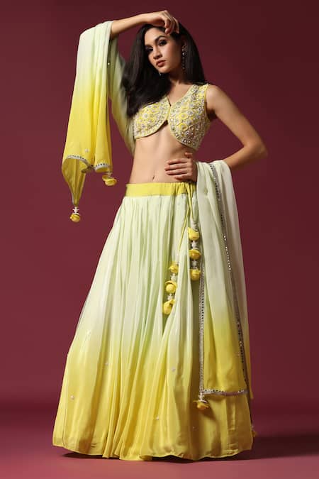 Two Sisters By Gyans_Yellow Crepe, Silk Sequins, Pearls, Cut Work Ombre Embroidered Lehenga Set _at_Aza_Fashions