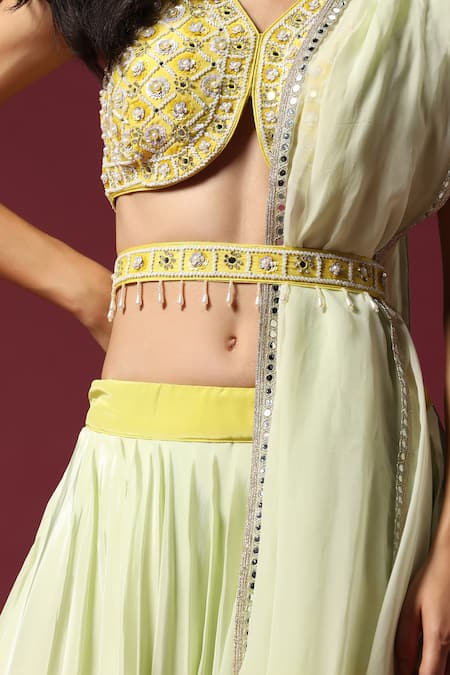 Shop_Two Sisters By Gyans_Yellow Crepe, Silk Sequins, Pearls, Cut Work Ombre Embroidered Lehenga Set 