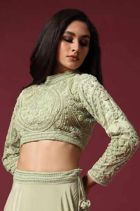 Buy_Two Sisters By Gyans_Green Georgette Pearls, Beads, Cut Work Round Neck Mint Embroidered Lehenga Set _Online_at_Aza_Fashions